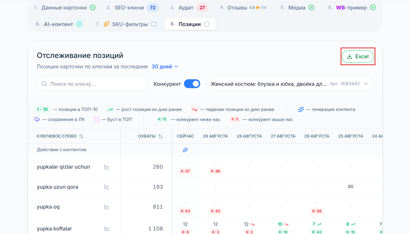 История позиций и экспорт Excel