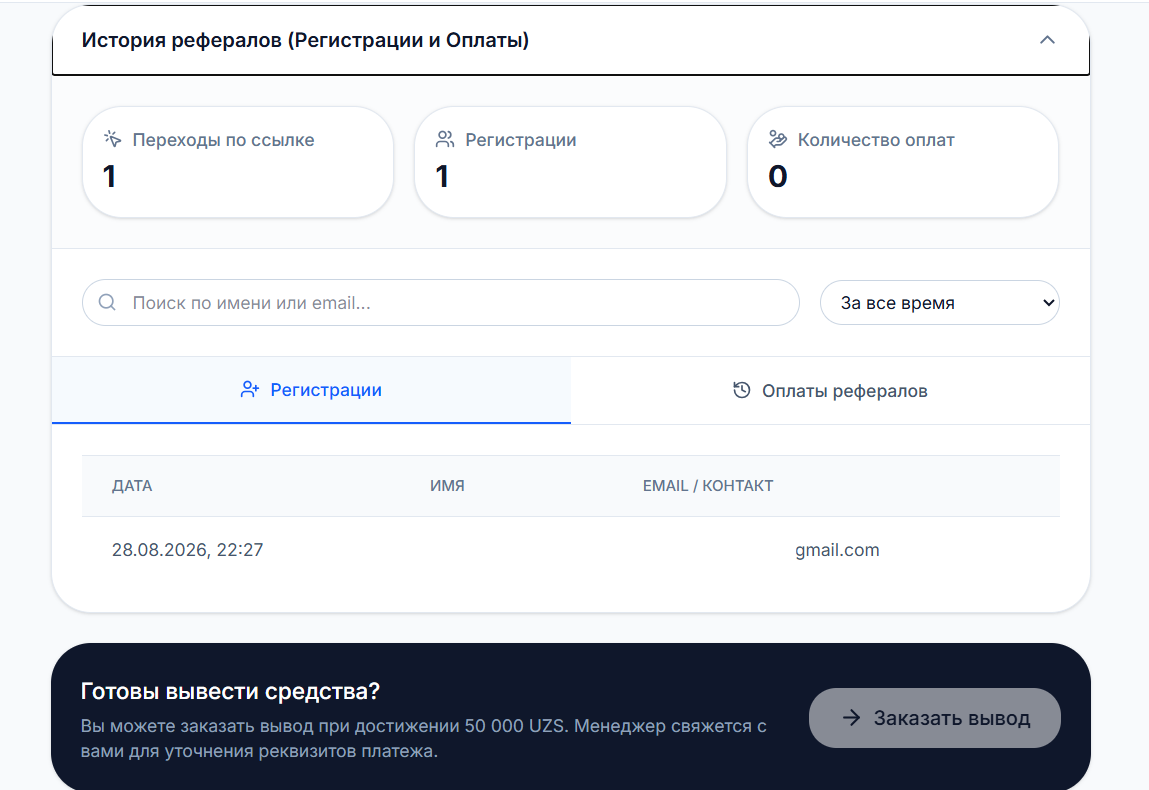 История рефералов и вывод